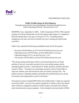 FOR IMMEDIATE RELEASE

                     FedEx Profits Surge in First Quarter
       Strong Revenue Growth Across International, Ground and Freight Services
                  FedEx International Priority® Revenue Grows 25%

MEMPHIS, Tenn., September 22, 2004 ... FedEx Corporation (NYSE: FDX) reported
earnings of $1.08 per diluted share for the first quarter ended August 31, compared to
$0.42 per diluted share a year ago, an increase of 157%. Excluding business
realignment costs and a one-time tax benefit, last year’s earnings per diluted share
were $0.61.

FedEx Corp. reported the following consolidated results for the first quarter:

   •   Revenue of $6.98 billion, up 23% from $5.69 billion the previous year
   •   Operating income of $579 million, up from $200 million a year ago
   •   Operating margin of 8.3%, up from last year’s 3.5%
   •   Net income of $330 million, up from $128 million the previous year

“Our strong earnings performance reflects an increased demand for our broad
portfolio of services, successful execution of our cross-selling strategy and the
expanding global economy,” said Frederick W. Smith, chairman, president and chief
executive officer. “Customers are increasingly seeing the value of using FedEx to
reach new markets, grow their businesses and cut inventory carrying costs. The
global economy is expanding steadily, particularly the manufacturing sector, giving
our business more opportunities to grow in the future.”

First quarter revenues included $490 million from FedEx Kinko’s which was acquired
in late fiscal 2004. Last year's first quarter included $132 million or $0.27 per diluted
share of business realignment expenses at FedEx Express associated with voluntary
early retirement and severance programs. It also included a one-time benefit of $0.08

                                        - more -

                                            1
 