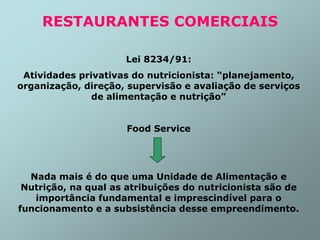 Lei 8234/91:
Atividades privativas do nutricionista: “planejamento,
organização, direção, supervisão e avaliação de serviços
de alimentação e nutrição”
Food Service
Nada mais é do que uma Unidade de Alimentação e
Nutrição, na qual as atribuições do nutricionista são de
importância fundamental e imprescindível para o
funcionamento e a subsistência desse empreendimento.
RESTAURANTES COMERCIAIS
 