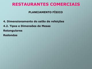 PLANEJAMENTO FÍSICO
4. Dimensionamento do salão de refeições
4.2. Tipos e Dimensões de Mesas
Retangulares
Redondas
RESTAURANTES COMERCIAIS
 