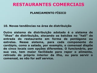 PLANEJAMENTO FÍSICO
10. Novas tendências na área de distribuição
Outro sistema de distribuição adotado é o sistema de
“ilhas” de distribuição, alocando os balcões no “hall” de
entrada do restaurante em forma de pentágono ou
estrelas. Nesse sistema, para cada componente do
cardápio, como a salada, por exemplo, o comensal dispõe
de cinco locais com opções diferentes. O funcionário, por
sua vez, tem maior facilidade para repor o alimento,
retirado do próprio interior da ilha, ou para servir o
comensal, se não for self service.
RESTAURANTES COMERCIAIS
 