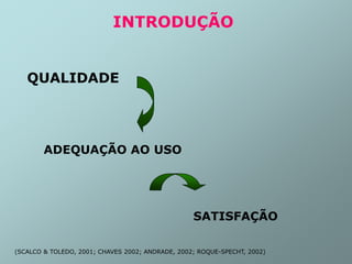 INTRODUÇÃO
QUALIDADE
ADEQUAÇÃO AO USO
SATISFAÇÃO
(SCALCO & TOLEDO, 2001; CHAVES 2002; ANDRADE, 2002; ROQUE-SPECHT, 2002)
 