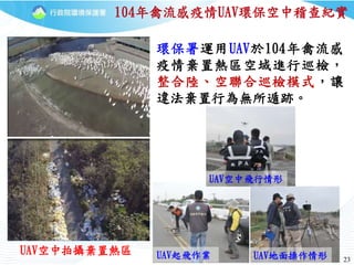 23
UAV起飛作業
環保署運用UAV於104年禽流感
疫情棄置熱區空域進行巡檢，
整合陸、空聯合巡檢模式，讓
違法棄置行為無所遁跡。
UAV空中拍攝棄置熱區
UAV空中飛行情形
UAV地面操作情形
104年禽流感疫情UAV環保空中稽查紀實
 