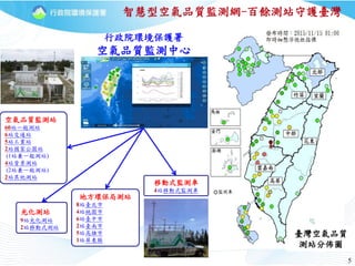 5
臺灣空氣品質
測站分佈圖
地方環保局測站
8站臺北市
4站桃園市
6站臺中市
2站臺南市
5站高雄市
1站屏東縣
光化測站
9站光化測站
2站移動式測站
移動式監測車
4站移動式監測車
智慧型空氣品質監測網-百餘測站守護臺灣
空氣品質監測站
60站一般測站
6站交通站
5站工業站
2站國家公園站
(1站兼一般測站)
4站背景測站
(2站兼一般測站)
2站其他測站
行政院環境保護署
空氣品質監測中心
 