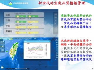 99
新世代的空氣品質播報管理
環保署正發展新世代的
空氣品質監測整合平台
、空氣品質播報平台，
及專業環境品質播報室
未來將透過與各電子、
網路、平面媒體的合作
，提供多元化的空氣品
質即時監測與預報資訊
，讓民眾更簡便即時的
瞭解環境空氣品質狀況
 