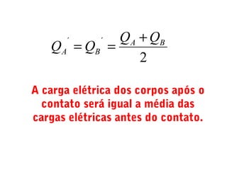 2
´´ BA
BA
QQ
QQ
+
==
A carga elétrica dos corpos após o
contato será igual a média das
cargas elétricas antes do contato.
 