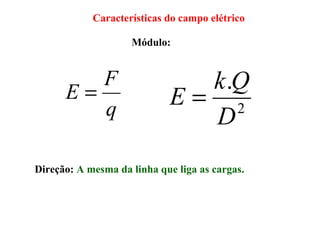 Características do campo elétrico
Direção: A mesma da linha que liga as cargas.
Módulo:
q
F
E =
2
.
D
Qk
E =
 