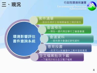 行政院環境保護署
Environmental Protection
Administration
PowerPoint has
new layouts that
give you more
ways to present
your words,
images and
media.
環境影響評估
書件查詢系統
案件清單
--查詢各環評主管機關審查之環評案件
會議預告
--預告一週內預定舉行之審查會議
會議資料
--提供歷次會議紀錄和資料
意見投書
--民眾可以對審查中之案件發表意見
全文檔案批次下載
--下載環評報告全文電子檔案
三、現況
4
 