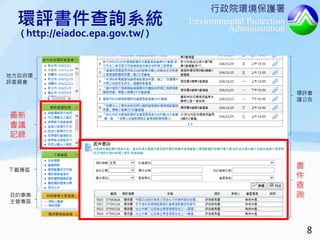 行政院環境保護署
Environmental Protection
Administration
書
件
查
詢
地方政府環
評委員會
最新
會議
記錄
下載專區
環評會
議公告
目的事業
主管專區
環評書件查詢系統
( http://eiadoc.epa.gov.tw/ )
8
 