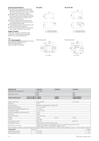 114 Rittal system climate control
Technical speciﬁcations:
● SK 3249.104: All water-carrying parts
made from stainless steel 1.4571 (V4A).
SK 3249.100 and SK 3219.100: All water-
carrying parts made from copper.
● Electronic leak monitoring ensures per-
fect safety of the entire system even with
heavy condensation, and even in the
event of a pipe fracture.
● A wire screen serves as a water trap,
providing additional mechanical protec-
tion against hosed water.
● A fault signal contact is provided for tem-
perature and leak monitoring.
● The unit can be mounted on enclosures
with a depth of 400 mm and above.
Supply includes:
Fully wired ready for connection with
connector, including drilling template,
sealing mat and assembly parts.
Also required:
Cooling water system such as
Rittal recooling systems,
see from page 76 onwards.
Model No. SK 3249.104* 3249.100 3219.100
Rated operating voltage V, Hz 230, 50/60
Dimensions in mm
W
H
D
547
280
404
600
400
400
Useful cooling output
L 35 W 10, 200 l/h
L 35 W 10, 400 l/h
1700 W
1900 W
2250 W
2500 W
3330 W/3500 W
4000 W/4300 W
Rated current max. 0.91 A/0.94 A 1.2 A/1.8 A
Pre-fuse T 4.0 A
Cooling medium Water (see speciﬁcations on page 188)
Water inlet temperature > +1°C to +30°C
Permissible operating pressure p. max. 1 to 10 bar
Temperature range +1°C to +70°C
Protection category to EN 60 529/10.91 IP 55**
Duty cycle 100%
Type of connection Connector plug
Weight 19 kg 21 kg 42 kg
Colour RAL 7032
Air throughput of fans 390 m3/h 560 m3/h
Temperature control Electronically controlled magnetic valve
Temperature monitoring
Collective fault signal via changeover contact, max. switching load 250 V AC, 8 A,
setting range +20°C to +60°C (factory setting +35°C)
Special voltages available on request. We reserve the right to make technical modiﬁcations. * Delivery times available on request. ** IP 65 available on request.
Accessories Packs of Page
Temperature indicator 1 3114.100 174
Door-operated switch 1 4127.000 176
= Condensate discharge 1/2˝
= Cooling water connection 1/2˝
1
2
SK 3249. . . . SK 3219.100
= Condensate discharge 1/2˝
= Cooling water connection 1/2˝
1
2
= Air outlet3
Ø 8 (4 x)
53
264
280
397
95 310 8723 23
400
210
226
(538)
280
547
404
280
258
391
150.5
436.5 115
35669.5
(591)
42
Ø
224
100
Ø 8 (4 x)
36
17
600
400
103.5
400
35
73
3
= Air outlet3
3
Mounting cutout Mounting cutout
2
1
2
1
 