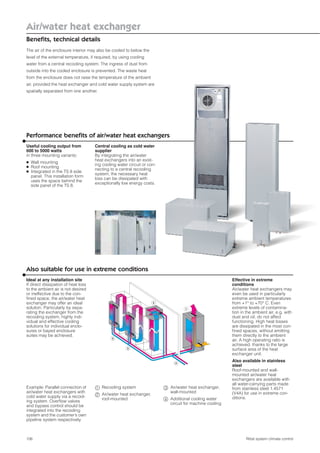 106
Air/water heat exchanger
Beneﬁts, technical details
Rittal system climate control
2
3
3
1
4
The air of the enclosure interior may also be cooled to below the
level of the external temperature, if required, by using cooling
water from a central recooling system. The ingress of dust from
outside into the cooled enclosure is prevented. The waste heat
from the enclosure does not raise the temperature of the ambient
air, provided the heat exchanger and cold water supply system are
spatially separated from one another.
Performance beneﬁts of air/water heat exchangers
Useful cooling output from
600 to 5000 watts
in three mounting variants:
● Wall mounting
● Roof mounting
● Integrated in the TS 8 side
panel. This installation form
uses the space behind the
side panel of the TS 8.
Central cooling as cold water
supplier
By integrating the air/water
heat exchangers into an exist-
ing cooling water circuit or con-
necting to a central recooling
system, the necessary heat
loss can be dissipated with
exceptionally low energy costs.
Also suitable for use in extreme conditions
Ideal at any installation site
If direct dissipation of heat loss
to the ambient air is not desired
or ineffective due to the con-
ﬁned space, the air/water heat
exchanger may offer an ideal
solution. Particularly by sepa-
rating the exchanger from the
recooling system, highly indi-
vidual and effective cooling
solutions for individual enclo-
sures or bayed enclosure
suites may be achieved.
Effective in extreme
conditions
Air/water heat exchangers may
even be used in particularly
extreme ambient temperatures
from +1° to +70° C. Even
extreme levels of contamina-
tion in the ambient air, e.g. with
dust and oil, do not affect
functioning. High heat losses
are dissipated in the most con-
ﬁned spaces, without emitting
them directly to the ambient
air. A high operating ratio is
achieved, thanks to the large
surface area of the heat
exchanger unit.
Also available in stainless
steel
Roof-mounted and wall-
mounted air/water heat
exchangers are available with
all water-carrying parts made
from stainless steel 1.4571
(V4A) for use in extreme con-
ditions.
Example: Parallel connection of
air/water heat exchangers with
cold water supply via a recool-
ing system. Overﬂow valves
and bypass control should be
integrated into the recooling
system and the customer’s own
pipeline system respectively.
Recooling system
Air/water heat exchanger,
roof-mounted
Air/water heat exchanger,
wall-mounted
Additional cooling water
circuit for machine cooling
1
2
3
4
 