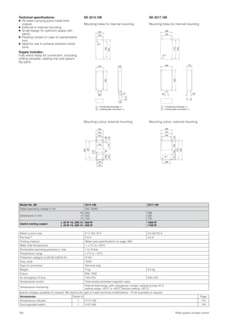108 Rittal system climate control
420
200
500
150
Ø 7
80
500
200
18
75
100
2
1
298
240
475
520
Ø 7
298
520
50
135
106
21
420
500
17050
3030
133
150
150
160
200
130
145
160
34Ø 7
4 x
520
298
272
240
475
23012012733
208
Ø 7
Technical speciﬁcations:
● All water-carrying parts made from
copper.
● External or internal mounting.
● Small design for optimum space utili-
sation.
● Floating contact in case of overtempera-
ture.
● Ideal for use in extreme ambient condi-
tions.
Supply includes:
Fully wired ready for connection, including
drilling template, sealing mat and assem-
bly parts.
Model No. SK 3214.100 3217.100
Rated operating voltage V, Hz 230, 50/60
Dimensions in mm
W
H
D
200
500
100
298
520
135
Useful cooling output
L 35 W 10, 200 l/h
L 35 W 10, 400 l/h
600 W
650 W
1000 W
1100 W
Rated current max. 0.17 A/0.18 A 0.6 A/0.55 A
Pre-fuse T 2.0 A 4.0 A
Cooling medium Water (see speciﬁcations on page 188)
Water inlet temperature > +1°C to +30°C
Permissible operating pressure p. max. 1 to 10 bar
Temperature range +1°C to +70°C
Protection category to EN 60 529/10.91 IP 55*
Duty cycle 100%
Type of connection Terminal strip
Weight 7 kg 9.5 kg
Colour RAL 7032
Air throughput of fans 120 m3/h 240 m3/h
Temperature control Thermostat-controlled magnetic valve
Temperature monitoring
Internal thermostat, with changeover contact, switching load 16 A,
setting range +20°C to +60°C (factory setting +35°C)
Special voltages available on request. We reserve the right to make technical modiﬁcations. * IP 65 available on request.
Accessories Packs of Page
Temperature indicator 1 3114.100 174
Door-operated switch 1 4127.000 176
Mounting cutout, external mounting
= Condensate discharge 1/2˝
= Cooling water connection 1/2˝
1
2
= Condensate discharge 1/2˝
= Cooling water connection 1/2˝
1
2
SK 3214.100
Mounting holes for internal mounting
SK 3217.100
Mounting holes for internal mounting
Mounting cutout, external mounting
 