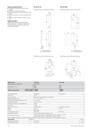 110 Rittal system climate control
175
170 15
475
25024
126
96
19920
950
164
140
Ø 7 (6 x)
Ø
7
(4
x)
11920
200
140
100
18
75
21
80
950
200
300
133
85
470
200
320
35
75
750
825
25
40
380
Ø 8
825
765
350
380
Ø 8
105
45
85
825
380
2
1
Technical speciﬁcations:
● All water-carrying parts made from
copper.
● External or internal mounting.
● Slimline design for optimum space utili-
sation.
● Floating contact in case of overtempera-
ture.
● Ideal for use in extreme ambient condi-
tions.
Supply includes:
Fully wired ready for connection with
terminal strip or connection cable (3 m),
including drilling template, sealing mat
and assembly parts.
Model No. SK 3215.100 3247.000
Rated operating voltage V, Hz 230, 50/60
Dimensions in mm
W
H
D
200
950
100
380
825
105
Useful cooling output
L 35 W 10, 200 l/h
L 35 W 10, 400 l/h
1250 W
1300 W
1540 W
1700 W
Rated current max. 0.38 A/0.4 A 0.43 A/0.5 A
Pre-fuse T 4.0 A
Cooling medium Water (see speciﬁcations on page 188)
Water inlet temperature > +1°C to +30°C
Permissible operating pressure p. max. 1 to 10 bar
Temperature range +1°C to +70°C
Protection category to EN 60 529/10.91 IP 55*
Duty cycle 100%
Type of connection Terminal strip Connection cable 3 m
Weight 13 kg 17 kg
Colour RAL 7032
Air throughput of fans 200 m3/h 240 m3/h
Temperature control Thermostat-controlled magnetic valve
Temperature monitoring
Internal thermostat, with changeover contact, switching load 16 A,
setting range +20°C to +60°C (factory setting +35°C)
Special voltages available on request. We reserve the right to make technical modiﬁcations. * IP 65 available on request.
Accessories Packs of Page
Temperature indicator 1 3114.100 174
Door-operated switch 1 4127.000 176
Mounting cutout, external mounting
SK 3215.100
Mounting holes for internal mounting
SK 3247.000
Mounting holes for internal mounting
Mounting cutout, external mounting
= Condensate discharge 1/2˝
= Cooling water connection 1/2˝
1
2
= Condensate discharge 1/2˝
= Cooling water connection 1/2˝
1
2
 