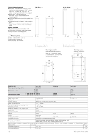 112 Rittal system climate control
Technical speciﬁcations:
● SK 3218.104: All water-carrying parts
made from stainless steel 1.4571 (V4A).
SK 3218.100 and SK 3216.100: All
water-carrying parts made from copper.
● External or internal mounting.
SK 3216.100: Suitable for external
mounting only.
● Compact design for optimum space utili-
sation.
● Floating contact in case of overtempera-
ture.
● Ideal for use in extreme ambient condi-
tions.
Supply includes:
Fully wired ready for connection with
terminal strip, including drilling template,
sealing mat and assembly parts.
Also required:
Cooling water system such as
Rittal recooling systems,
see from page 76 onwards.
Model No. SK 3218.104* 3218.100 3216.100
Rated operating voltage V,l Hz 230, 50/60
Dimensions in mm
W
H
D
400
950
200
450
1400
250
Useful cooling output
L 35 W 10, 200 l/h
L 35 W 10, 400 l/h
2250 W
2650 W
3000 W
3500 W 5000 W
Rated current max. 0.42 A/0.48 A 1.0 A/1.1 A
Pre-fuse T 4.0 A
Cooling medium Water (see speciﬁcations on page 188)
Water inlet temperature > +1°C to +30°C
Permissible operating pressure p. max. 1 to 10 bar
Temperature range +1°C to +70°C
Protection category to EN 60 529/10.91 IP 55**
Duty cycle 100%
Type of connection Terminal strip
Weight 19 kg 21 kg 56 kg
Colour RAL 7032
Air throughput of fans 240 m3/h 450 m3/h 1,000 m3/h
Temperature control Thermostat-controlled magnetic valve
Temperature monitoring
Internal thermostat, with changeover contact, switching load 16 A,
setting range +20°C to +60°C (factory setting +35°C)
Special voltages available on request. We reserve the right to make technical modiﬁcations. * Delivery times available on request ** IP 65 available on request.
Accessories Packs of Page
Temperature indicator 1 3114.100 174
Door-operated switch 1 4127.000 176
Mounting cutout for
external/internal mounting
Only the 4 mounting holes,
7 mm diameter, are required
for internal mounting.
SK 3218. . . . SK 3216.100
Mounting cutout,
external mounting
= Condensate discharge 1/2˝
= Cooling water connection 1/2˝
1
2
200
21
400
950
250
100
450
1400
80
21
Ø 7
340
340
400
280
11246360280
904
950
450
350
410
15
33.5440711.5
180
455455
1400
455
433.5
Ø 8
420
= Condensate discharge 1/2˝
= Cooling water connection 1/2˝
1
2
 
