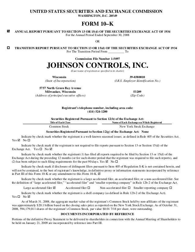 Johnson Controls Fy2008 Form 10 K Report Annual