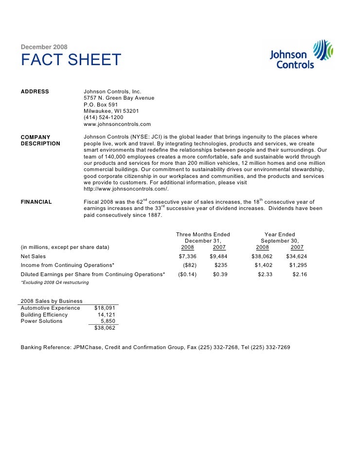 johnson controls Latest quarterly fact sheet