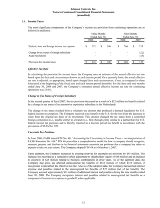 johnson controls  FY2008 3rd Quarter Form 10-Q  