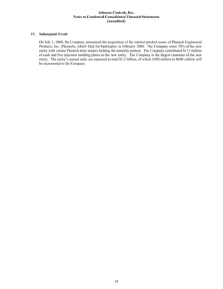 johnson controls  FY2008 3rd Quarter Form 10-Q  