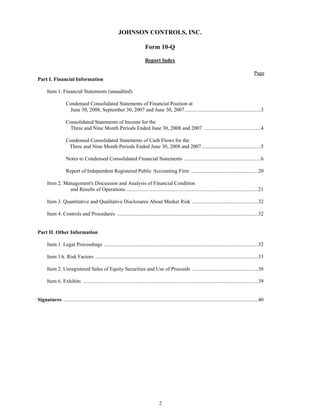 johnson controls  FY2008 3rd Quarter Form 10-Q  