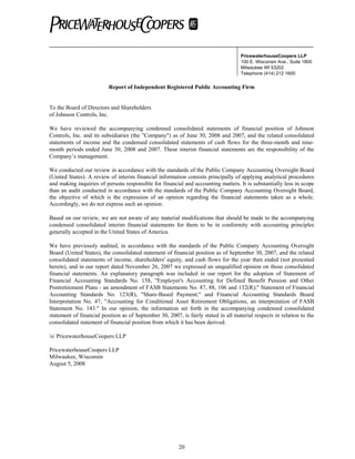 johnson controls  FY2008 3rd Quarter Form 10-Q  