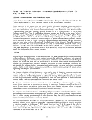 johnson controls  FY2008 3rd Quarter Form 10-Q  