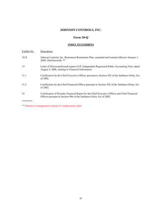johnson controls  FY2008 3rd Quarter Form 10-Q  