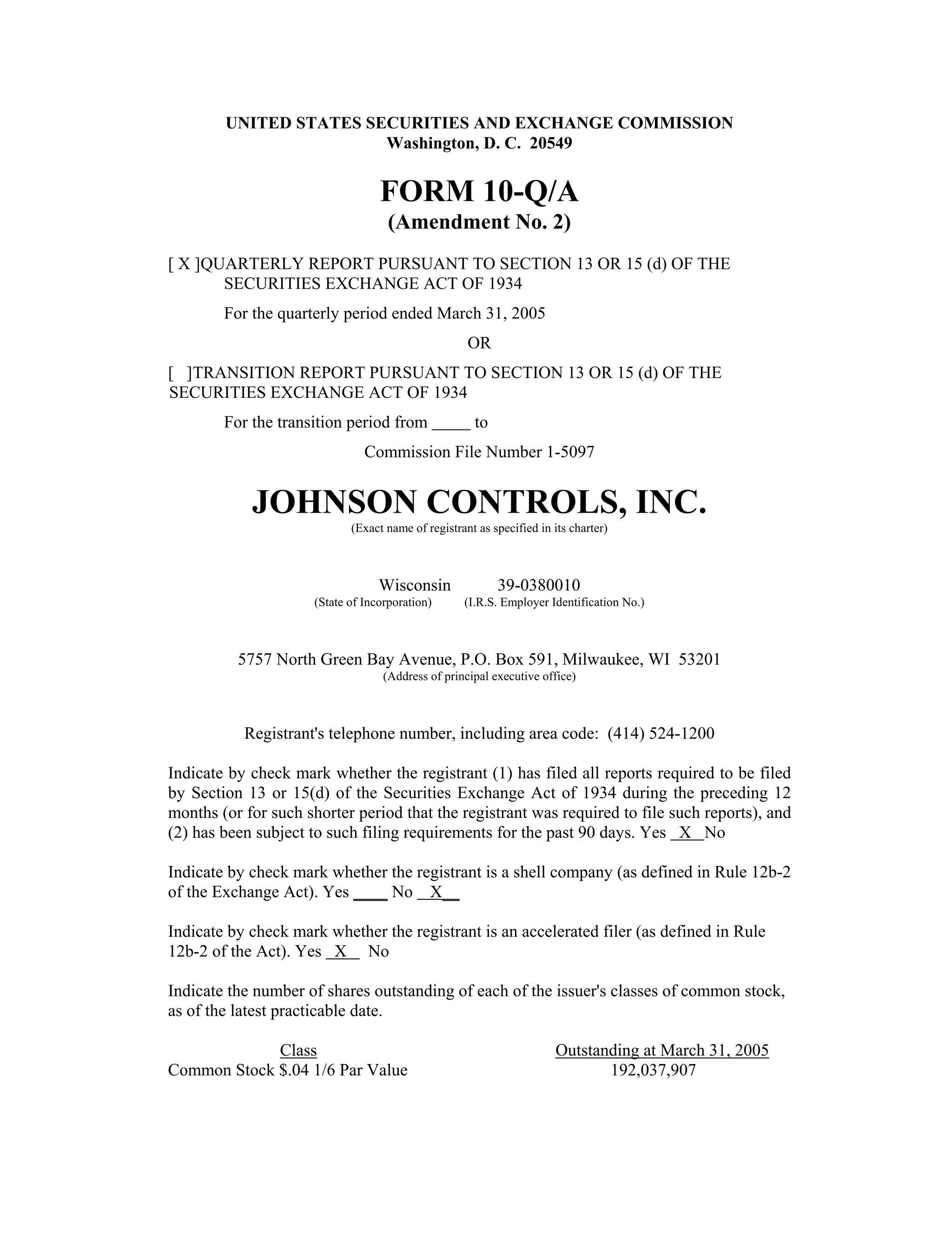 johnson controls FY2005 2nd Quarter Form 10-QA