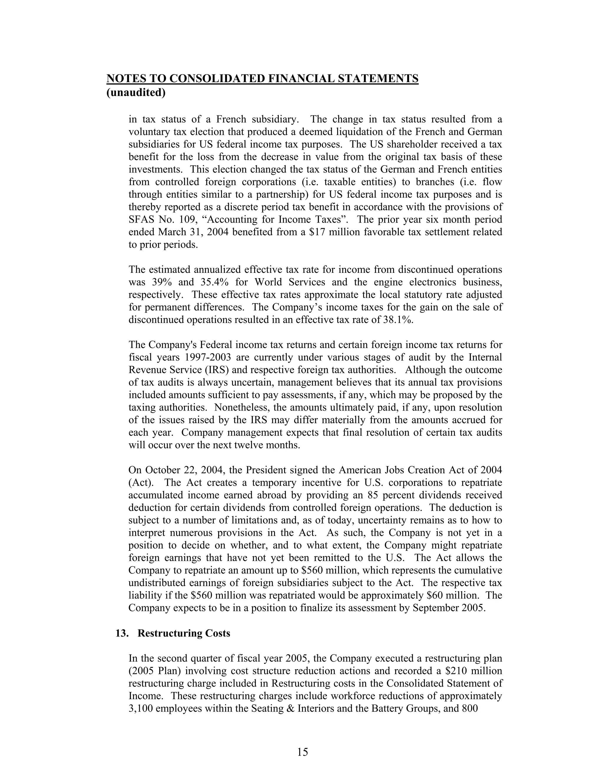johnson controls FY2005 2nd Quarter Form 10-QA