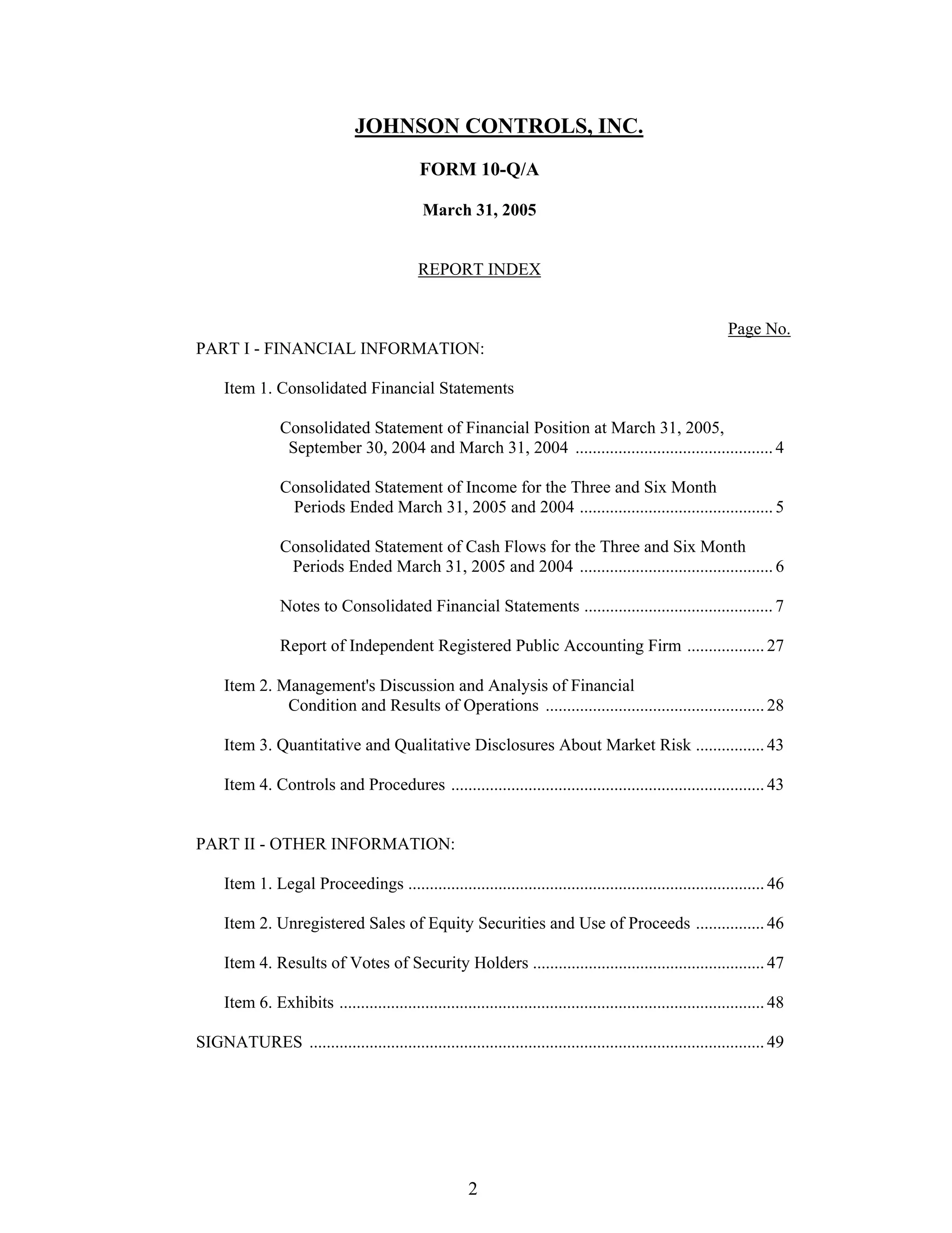 johnson controls FY2005 2nd Quarter Form 10-QA