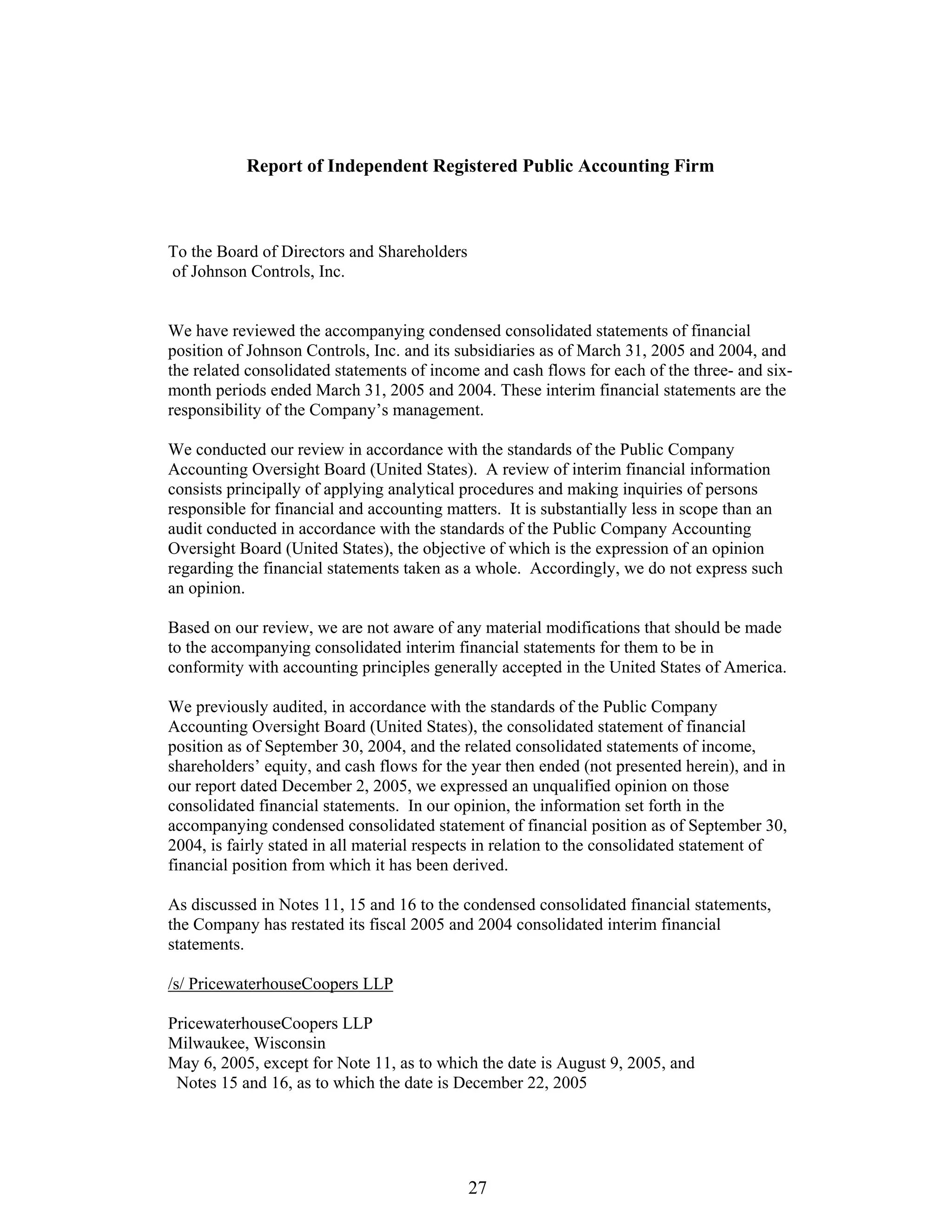 johnson controls FY2005 2nd Quarter Form 10-QA