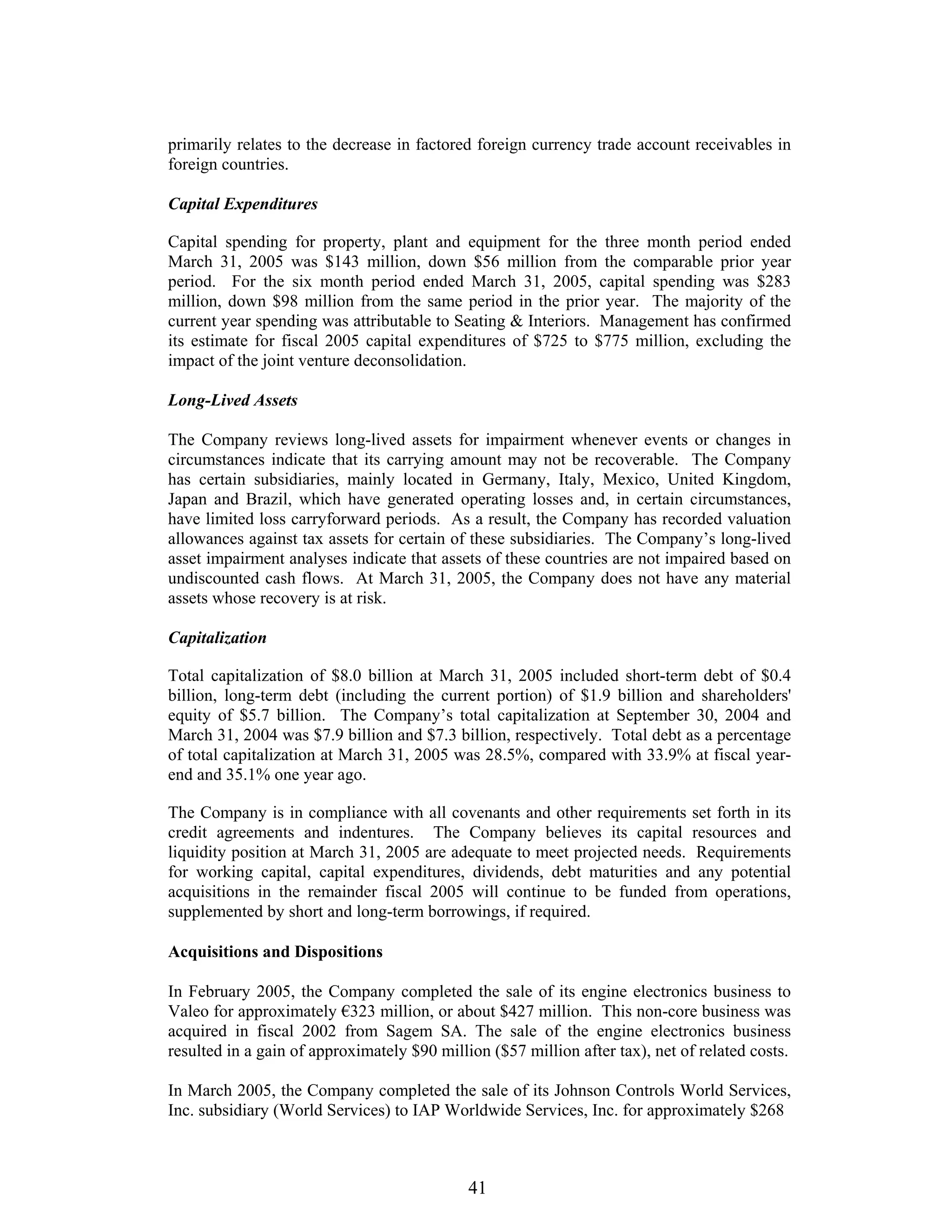 johnson controls FY2005 2nd Quarter Form 10-QA