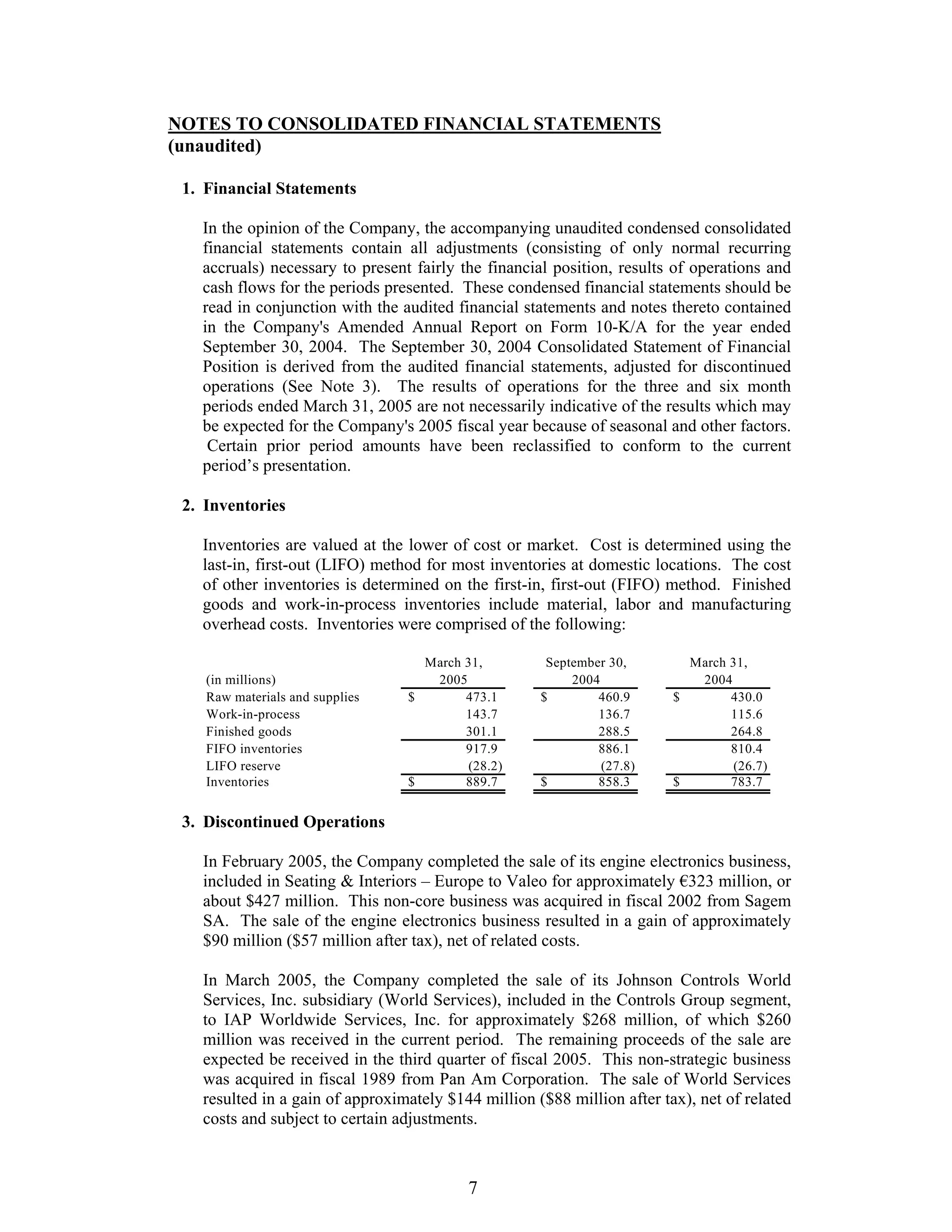 johnson controls FY2005 2nd Quarter Form 10-QA