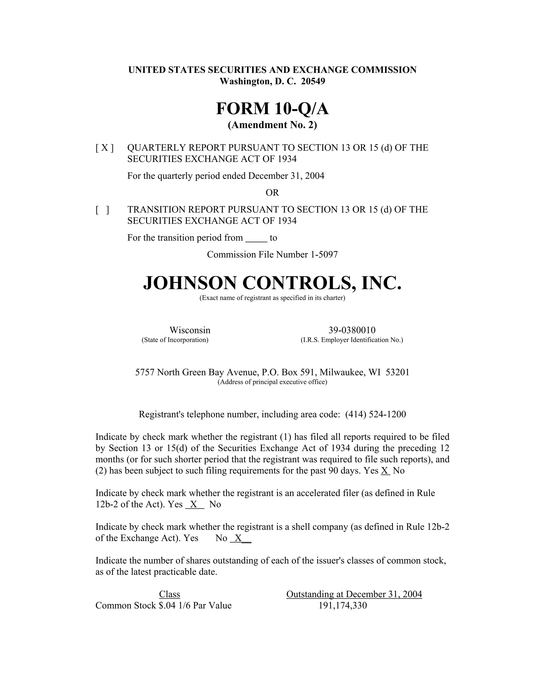 johnson controls FY2005 1st Quarter Form 10-QA