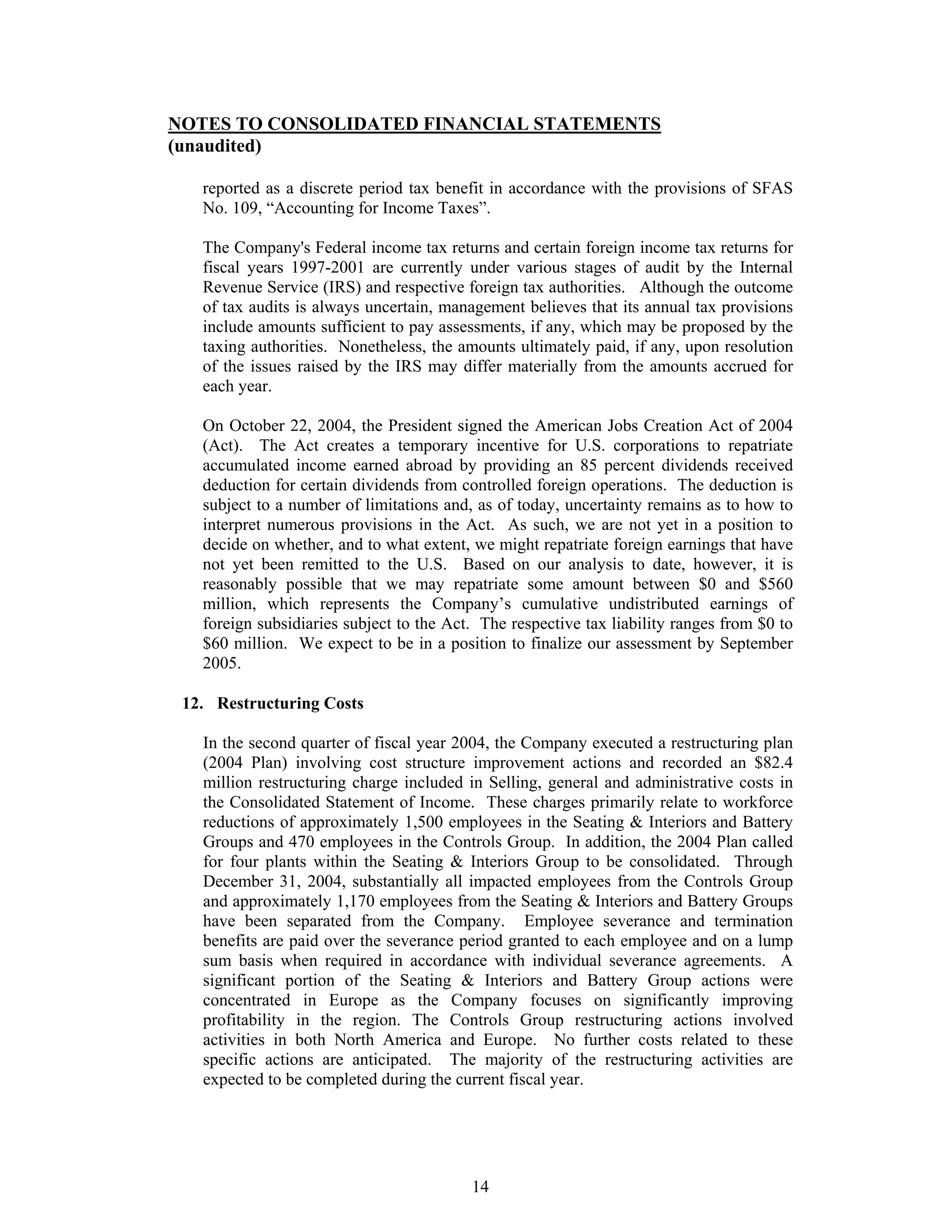 johnson controls FY2005 1st Quarter Form 10-QA