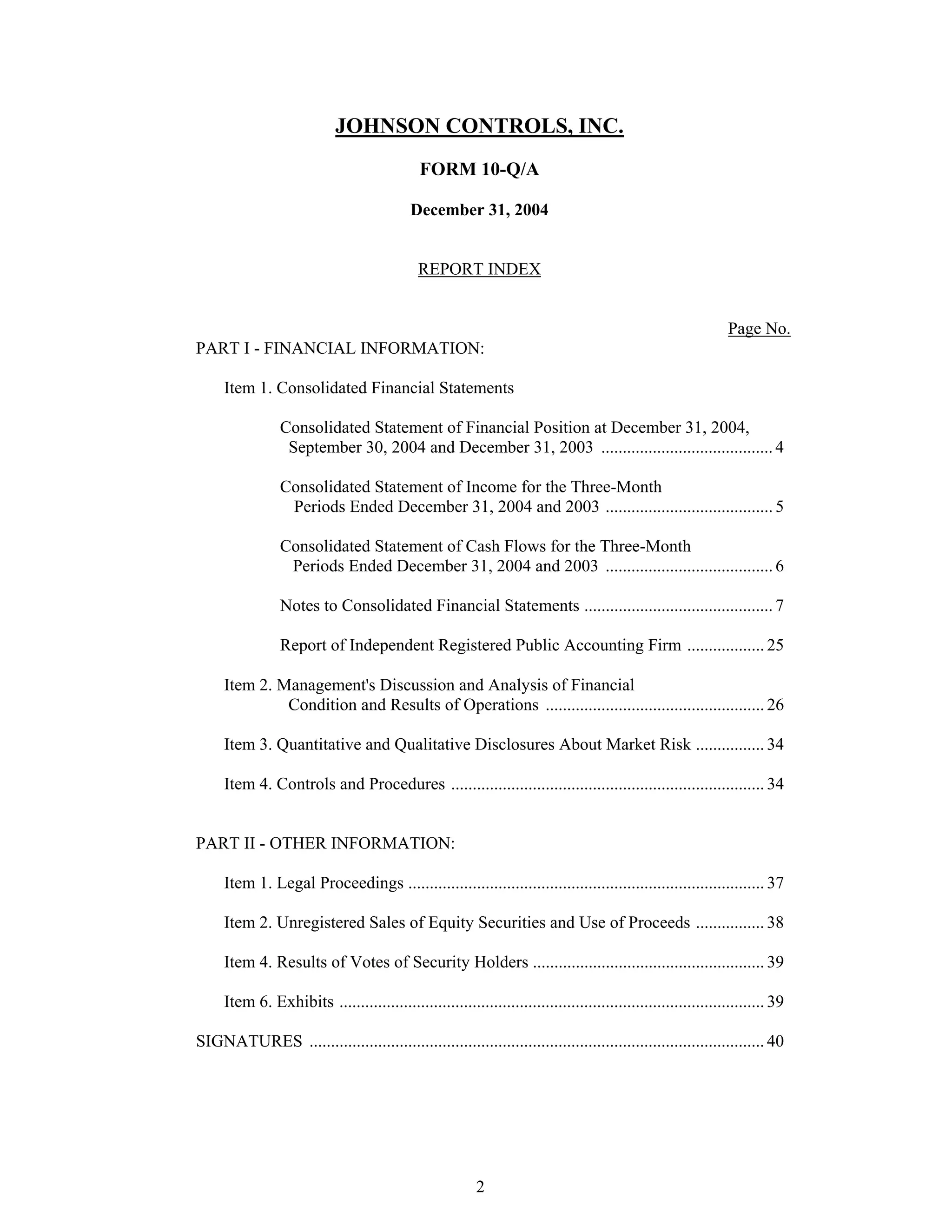 johnson controls FY2005 1st Quarter Form 10-QA
