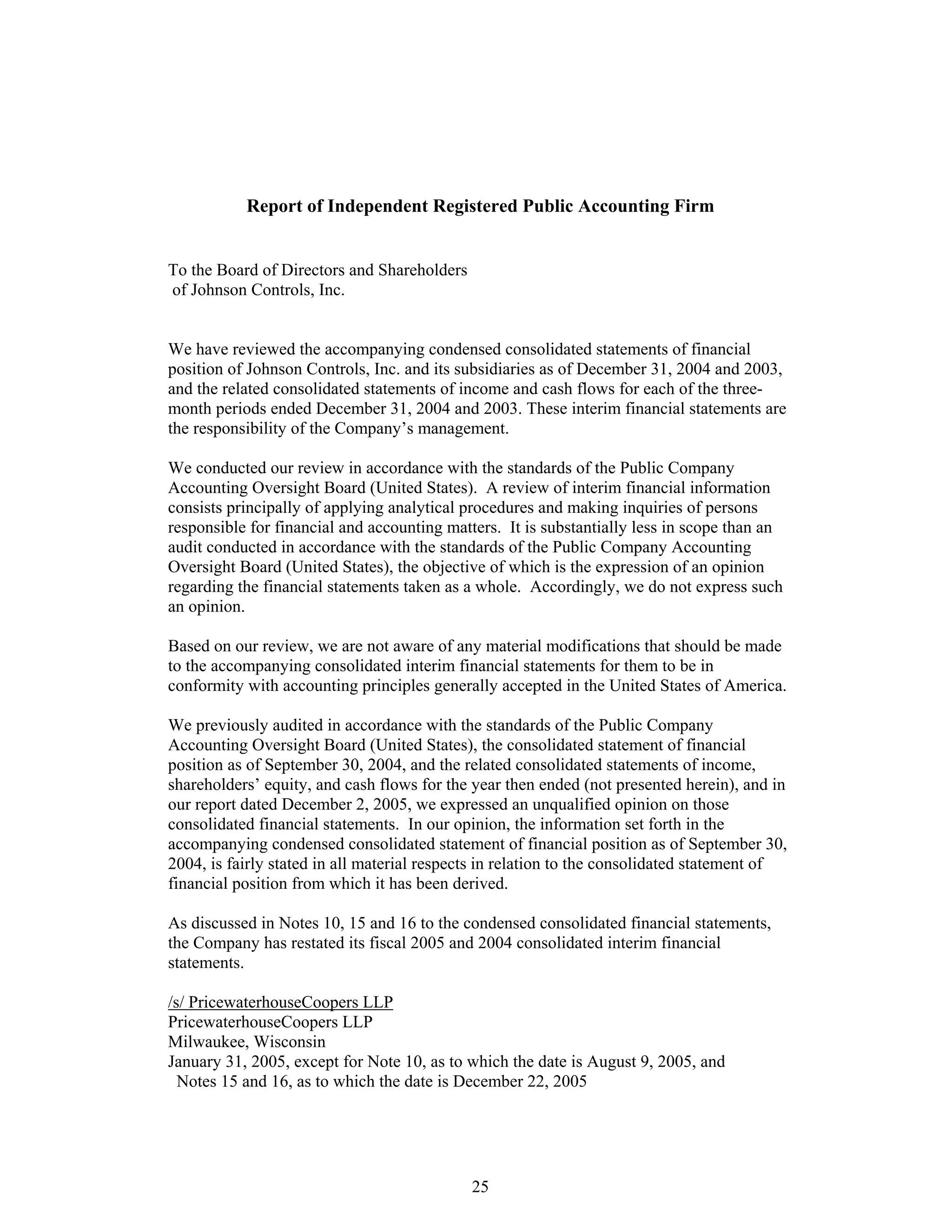 johnson controls FY2005 1st Quarter Form 10-QA
