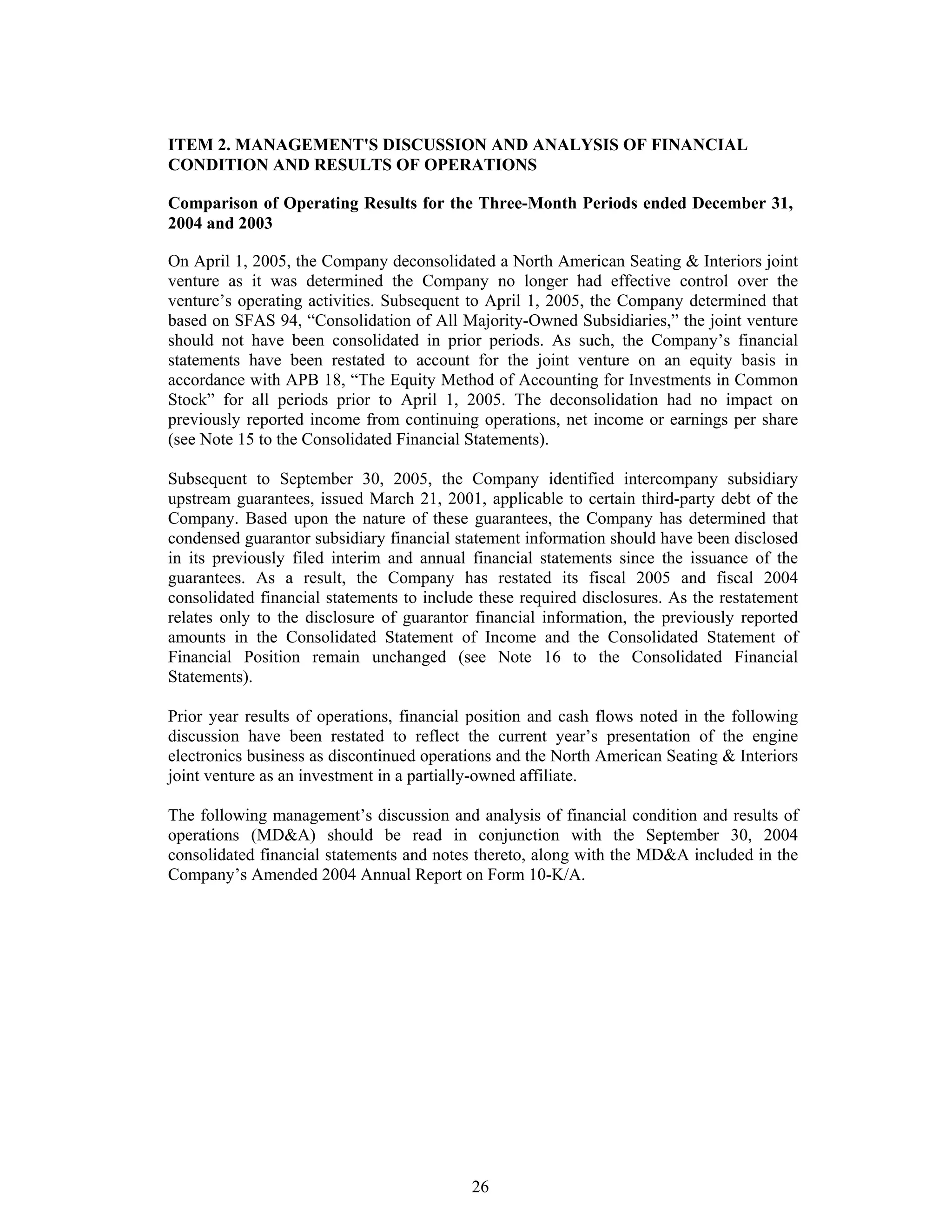 johnson controls FY2005 1st Quarter Form 10-QA