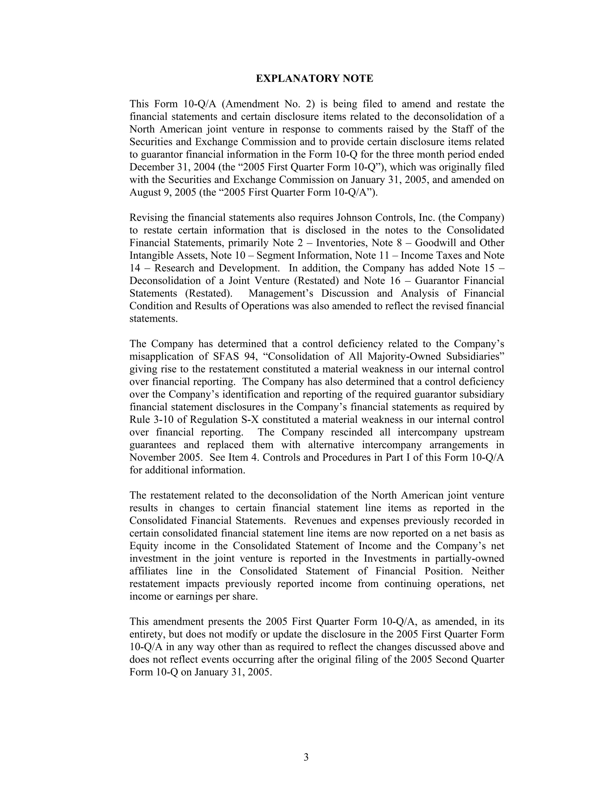 johnson controls FY2005 1st Quarter Form 10-QA
