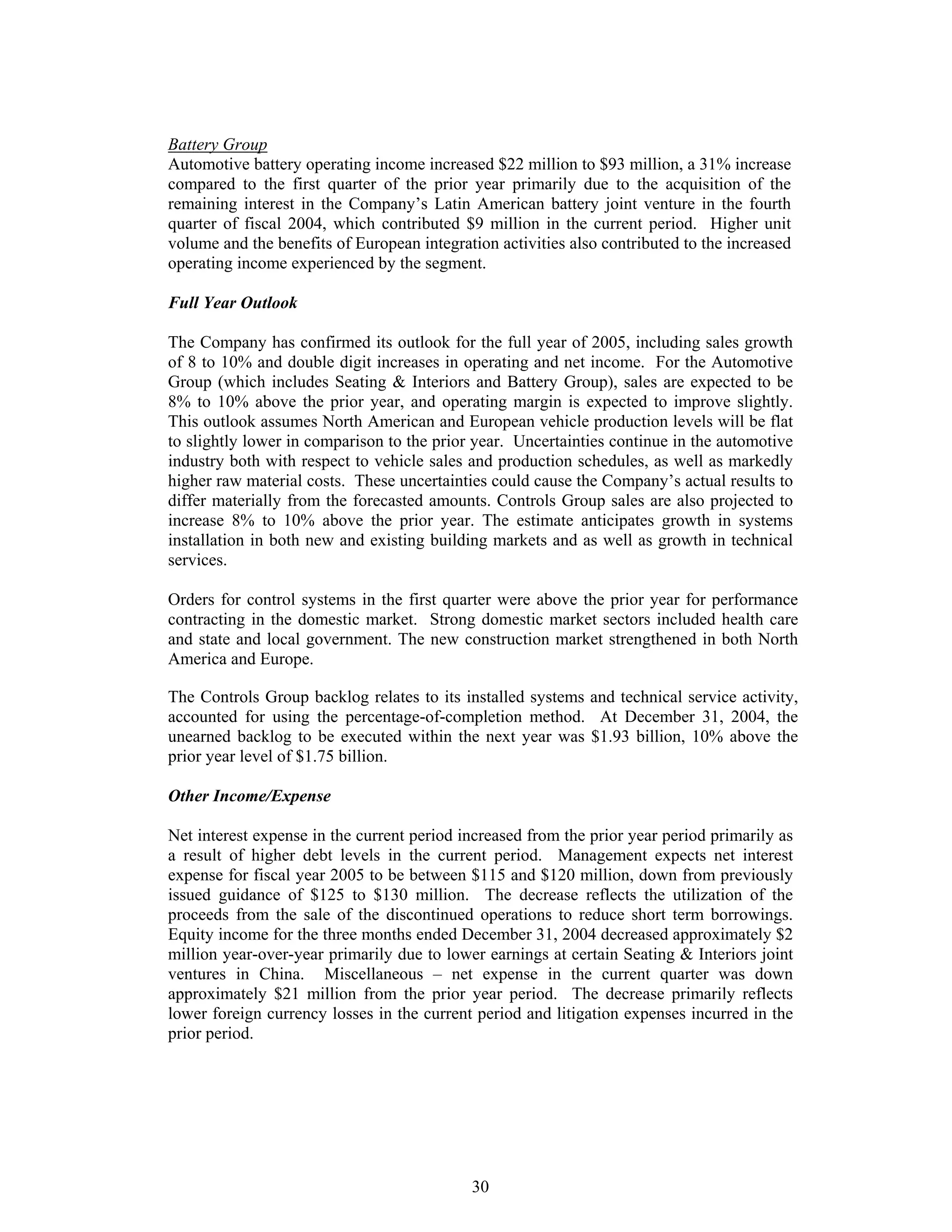 johnson controls FY2005 1st Quarter Form 10-QA