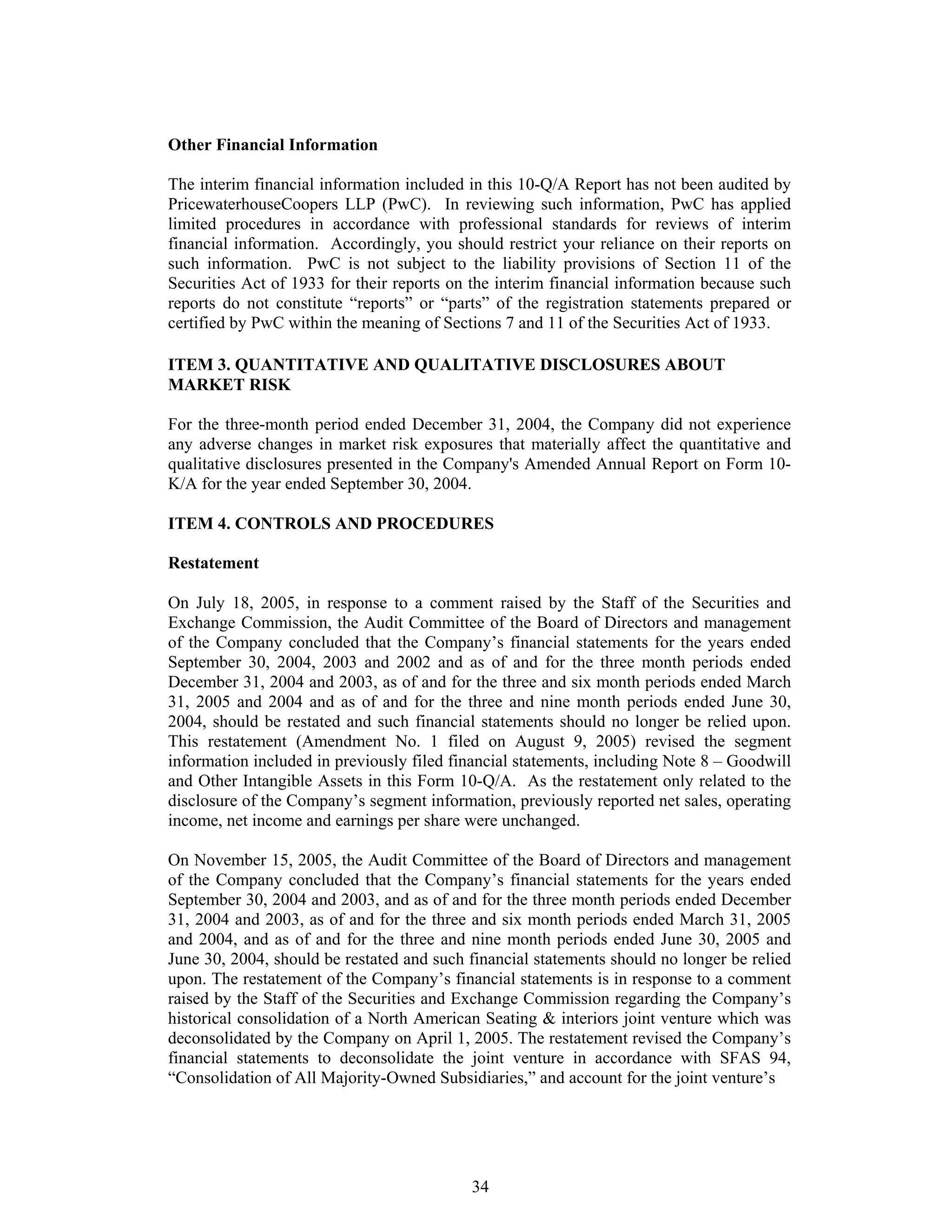 johnson controls FY2005 1st Quarter Form 10-QA