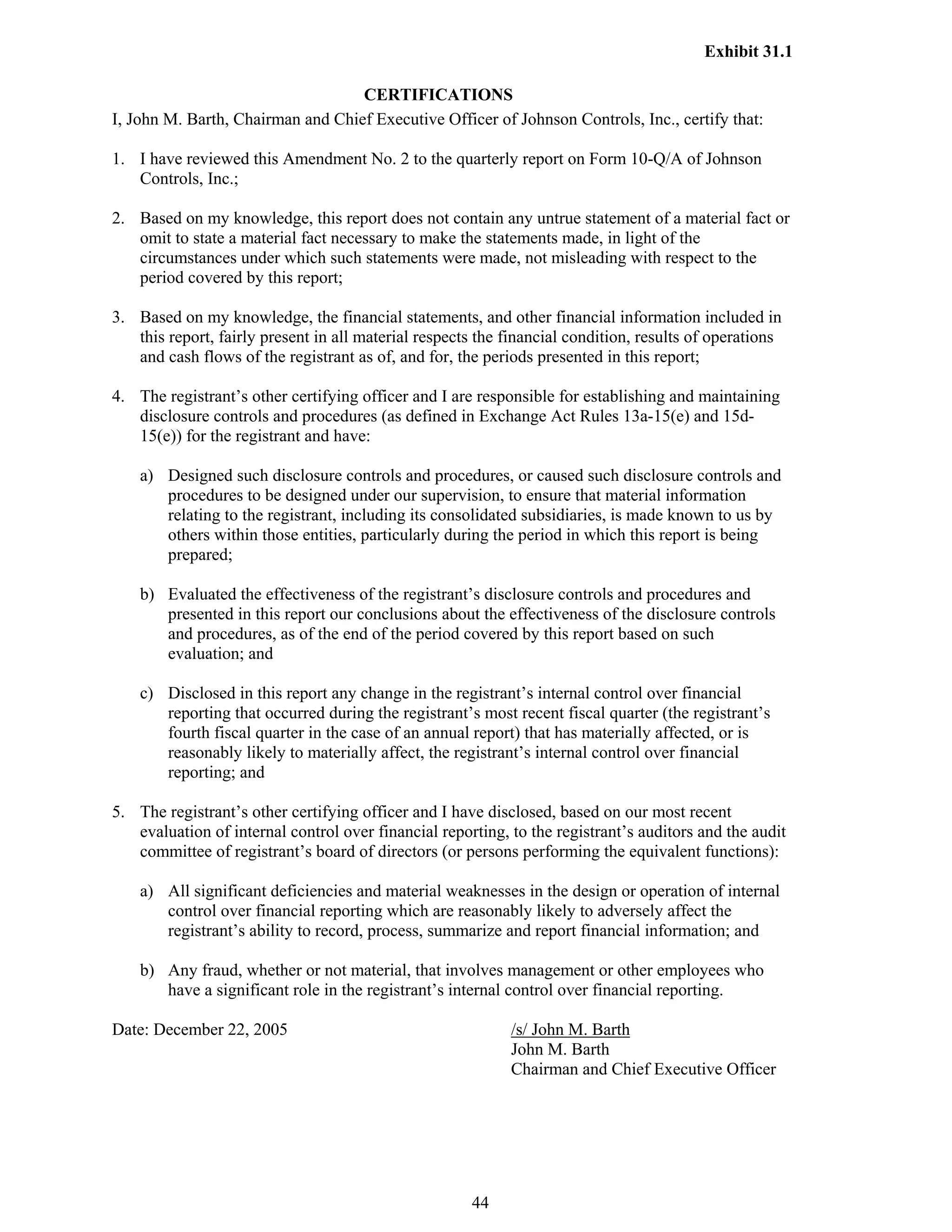 johnson controls FY2005 1st Quarter Form 10-QA