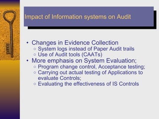 Changes in Evidence Collection System logs instead of Paper Audit trails Use of Audit tools (CAATs) More emphasis on System Evaluation; Program change control, Acceptance testing; Carrying out actual testing of Applications to evaluate Controls; Evaluating the effectiveness of IS Controls Impact of Information systems on Audit 