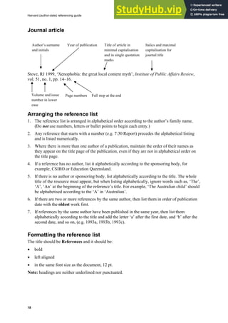 Harvard (author-date) referencing guide
18
Journal article
Stove, RJ 1999, ‘Xenophobia: the great local content myth’, Institute of Public Affairs Review,
vol. 51, no. 1, pp. 14–16.
Arranging the reference list
1. The reference list is arranged in alphabetical order according to the author’s family name.
(Do not use numbers, letters or bullet points to begin each entry.)
2. Any reference that starts with a number (e.g. 7:30 Report) precedes the alphabetical listing
and is listed numerically.
3. Where there is more than one author of a publication, maintain the order of their names as
they appear on the title page of the publication, even if they are not in alphabetical order on
the title page.
4. If a reference has no author, list it alphabetically according to the sponsoring body, for
example, CSIRO or Education Queensland.
5. If there is no author or sponsoring body, list alphabetically according to the title. The whole
title of the resource must appear, but when listing alphabetically, ignore words such as, ‘The’,
‘A’, ‘An’ at the beginning of the reference’s title. For example, ‘The Australian child’ should
be alphabetised according to the ‘A’ in ‘Australian’.
6. If there are two or more references by the same author, then list them in order of publication
date with the oldest work first.
7. If references by the same author have been published in the same year, then list them
alphabetically according to the title and add the letter ‘a’ after the first date, and ‘b’ after the
second date, and so on, (e.g. 1993a, 1993b, 1993c).
Formatting the reference list
The title should be References and it should be:
• bold
• left aligned
• in the same font size as the document, 12 pt.
Note: headings are neither underlined nor punctuated.
Author’s surname
and initials
Year of publication Title of article in
minimal capitalisation
and in single quotation
marks
Italics and maximal
capitalisation for
journal title
Volume and issue
number in lower
case
Page numbers Full stop at the end
 