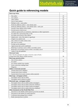 Harvard (author-date) referencing guide
23
Quick guide to referencing models
Hard copy books
One author 25
Two authors 25
Three authors 25
Four or more authors 26
Multiple works—same author 26
Works by different authors—same family name 27
Works by different authors—same family name—same year 27
Second or later edition with an author 27
Several sources cited at once 28
Author(s) sponsored by an institution, corporation or other organisation 28
No author but a sponsoring body or title 28
No author and second or later edition 28
Edited work—role of the editor is significant 29
Chapter in an edited work 29
One volume of a multi-volume work 29
One issue in a series 29
No date can be established 29
Approximate date can be established 29
Referring to a primary source within a secondary source 30
Referring to two primary sources within a secondary source 30
Author is also the publisher 30
Electronic books
Note: The above principles also apply to electronic copies of books.
E-book from CQU library e-book resources 30
Hard copy journal articles
One or more authors 31
No author 31
No volume number/issue number 31
From a university readings book 31
Magazine 31
Online or electronic journals
Journal article from a database 32
Journal article from a website 32
Journal article from course resource online materials 32
Hard copy—newspaper articles
Newspaper article with an author 32
Newspaper article without an author 33
Electronic copy—newspaper articles
Newspaper article with an author (online newspaper) 33
Newspaper article with an author (electronic database) 33
Newspaper article with no author (online newspaper) 34
Newspaper article with no author (electronic database) 34
Other documents on The World Wide Web
Document on the WWW (author/sponsor given but not dated) 35
Document on the WWW (no author/sponsor) 35
Conference proceedings from a website 35
Radio transcript from a website 35
 