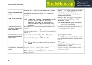 Harvard (author-date) referencing guide
28
Several sources are cited
at once
Note: Do not overdo this!
Bradford (1992), Curtis (1983), and Graham (1997) all agree …
or
Recent studies (Bradford 1992; Curtis 1983; Graham 1997)
agree that …
Note: Paraphrasing is essential if you are going to cite the
essence of what the authors all agree upon.
Alphabetise according to the name of the first
author in each source. Separate entries by using
semicolons.
Bradford, C 1992, Genre in perspective: a whole
language approach, Bookshelf, Gosford.
Curtis, A 1983, Practical math for business,
Houghton Mifflin, Boston.
Graham, A 1997, Managing more postgraduate
research students, Oxford Centre for Staff
Development, Oxford.
Note: Each author will appear as a separate
entry in the reference list.
Author(s) sponsored by
institution, corporation or
other organisation
Recent theories (Centre for Continuing Studies 1987) expose
the link …
or
It has been suggested that ‘… ’ (Centre for Continuing Studies
1987, p. 23).
Centre for Continuing Studies 1987, Methods of
learning, Harper Collins, Sydney.
No author’s name appears
(but there is a sponsoring
body or title)
A recent study (Australian Defence Force 1996) suggests …
or
A recent study (Family policies 1996) shows that …
Note: Cite the sponsoring organisation, the newspaper or
the title.
Sponsoring body example
Australian Defence Force 1996, The boat people
issue, Australian Government Publishing Service,
Canberra.
Title example
Family policies 1996, Australian Government
Publishing Service, Canberra.
No author and 2nd or later
edition
Designing a house is … (Practical design 1992)
or
When designing a house, it is important that ‘…’ (Practical
design 1992, p. 90).
Practical design 1992, 2nd edn, South Australian
Design Press, Adelaide.
 