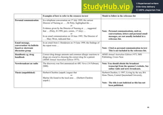Harvard (author-date) referencing guide
43
Examples of how to refer to the resource in-text Model to follow in the reference list
Personal communication In a telephone conversation on 17 July 1999, the current
Director of Nursing at … , Dr Petty, highlighted the …
or
Evidence given by the Director of Nursing at … , suggested
that … (Petty, H 1999, pers. comm., 17 July) …
or
In an email communication on 10 June 1995, The Director of
… , Mary Wren, indicated that …
Note: Personal communications, such as
conversations, letters and personal email
messages, are not usually included in a
reference list.
Email message,
conversation via bulletin
board or electronic
discussion group
In an email from J. Henderson on 19 June 1999, the findings of
the report were …
Note: Cited as personal communication in-text
This is not included in the reference list.
Handbook e.g. drug
handbook
Correct drug dosage amounts and common allergic reactions to
drugs are crucial to choosing the correct drug for a patient
(MIMS Annual Australian Edition 1975).
MIMS Annual Australian Edition 1975, IMS
Publishing, Crows Nest.
Newsbroadcast on radio The discovery was first announced on 4BU News (14 February
2000).
Note: You should obtain the broadcast
transcript from the sponsor’s website. See
online radio and news broadcasts.
Thesis (unpublished) Herbert-Cheshire (unpub.) argues that
or
Marine life found in the local area … (Herbert-Cheshire
unpub.)
Herbert-Cheshire, L 1997, Living by the sea, BA
Hons Thesis, Central Queensland University.
Note: The title is not italicised as this has not
been published.
 