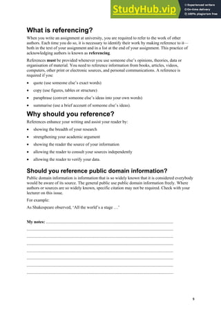 Harvard (author-date) referencing guide
5
What is referencing?
When you write an assignment at university, you are required to refer to the work of other
authors. Each time you do so, it is necessary to identify their work by making reference to it—
both in the text of your assignment and in a list at the end of your assignment. This practice of
acknowledging authors is known as referencing.
References must be provided whenever you use someone else’s opinions, theories, data or
organisation of material. You need to reference information from books, articles, videos,
computers, other print or electronic sources, and personal communications. A reference is
required if you:
• quote (use someone else’s exact words)
• copy (use figures, tables or structure)
• paraphrase (convert someone else’s ideas into your own words)
• summarise (use a brief account of someone else’s ideas).
Why should you reference?
References enhance your writing and assist your reader by:
• showing the breadth of your research
• strengthening your academic argument
• showing the reader the source of your information
• allowing the reader to consult your sources independently
• allowing the reader to verify your data.
Should you reference public domain information?
Public domain information is information that is so widely known that it is considered everybody
would be aware of its source. The general public use public domain information freely. Where
authors or sources are so widely known, specific citation may not be required. Check with your
lecturer on this issue.
For example:
As Shakespeare observed, ‘All the world’s a stage …’
My notes: .......................................................................................................................
.........................................................................................................................................
.........................................................................................................................................
.........................................................................................................................................
.........................................................................................................................................
.........................................................................................................................................
.........................................................................................................................................
.........................................................................................................................................
 