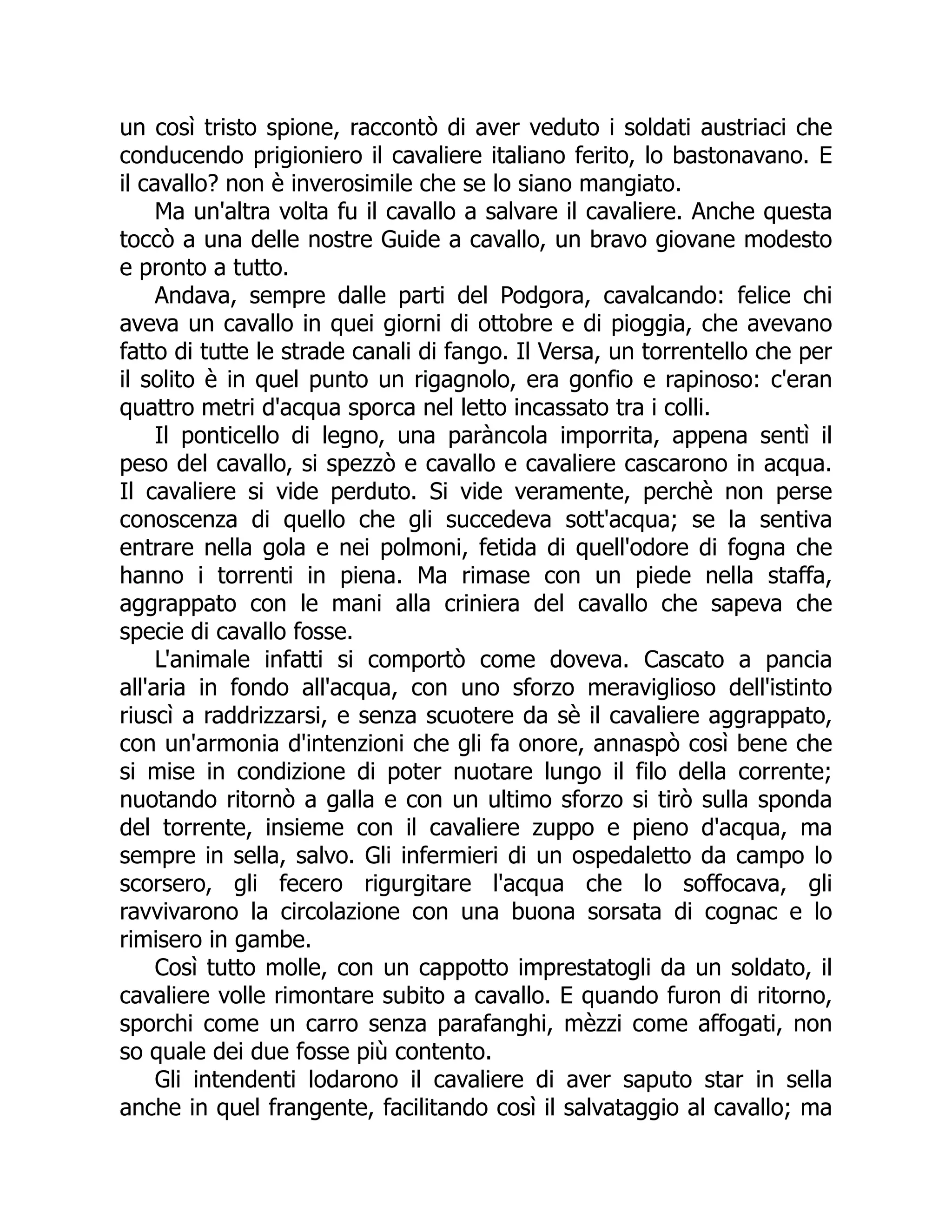un così tristo spione, raccontò di aver veduto i soldati austriaci che
conducendo prigioniero il cavaliere italiano ferito, lo bastonavano. E
il cavallo? non è inverosimile che se lo siano mangiato.
Ma un'altra volta fu il cavallo a salvare il cavaliere. Anche questa
toccò a una delle nostre Guide a cavallo, un bravo giovane modesto
e pronto a tutto.
Andava, sempre dalle parti del Podgora, cavalcando: felice chi
aveva un cavallo in quei giorni di ottobre e di pioggia, che avevano
fatto di tutte le strade canali di fango. Il Versa, un torrentello che per
il solito è in quel punto un rigagnolo, era gonfio e rapinoso: c'eran
quattro metri d'acqua sporca nel letto incassato tra i colli.
Il ponticello di legno, una paràncola imporrita, appena sentì il
peso del cavallo, si spezzò e cavallo e cavaliere cascarono in acqua.
Il cavaliere si vide perduto. Si vide veramente, perchè non perse
conoscenza di quello che gli succedeva sott'acqua; se la sentiva
entrare nella gola e nei polmoni, fetida di quell'odore di fogna che
hanno i torrenti in piena. Ma rimase con un piede nella staffa,
aggrappato con le mani alla criniera del cavallo che sapeva che
specie di cavallo fosse.
L'animale infatti si comportò come doveva. Cascato a pancia
all'aria in fondo all'acqua, con uno sforzo meraviglioso dell'istinto
riuscì a raddrizzarsi, e senza scuotere da sè il cavaliere aggrappato,
con un'armonia d'intenzioni che gli fa onore, annaspò così bene che
si mise in condizione di poter nuotare lungo il filo della corrente;
nuotando ritornò a galla e con un ultimo sforzo si tirò sulla sponda
del torrente, insieme con il cavaliere zuppo e pieno d'acqua, ma
sempre in sella, salvo. Gli infermieri di un ospedaletto da campo lo
scorsero, gli fecero rigurgitare l'acqua che lo soffocava, gli
ravvivarono la circolazione con una buona sorsata di cognac e lo
rimisero in gambe.
Così tutto molle, con un cappotto imprestatogli da un soldato, il
cavaliere volle rimontare subito a cavallo. E quando furon di ritorno,
sporchi come un carro senza parafanghi, mèzzi come affogati, non
so quale dei due fosse più contento.
Gli intendenti lodarono il cavaliere di aver saputo star in sella
anche in quel frangente, facilitando così il salvataggio al cavallo; ma
 