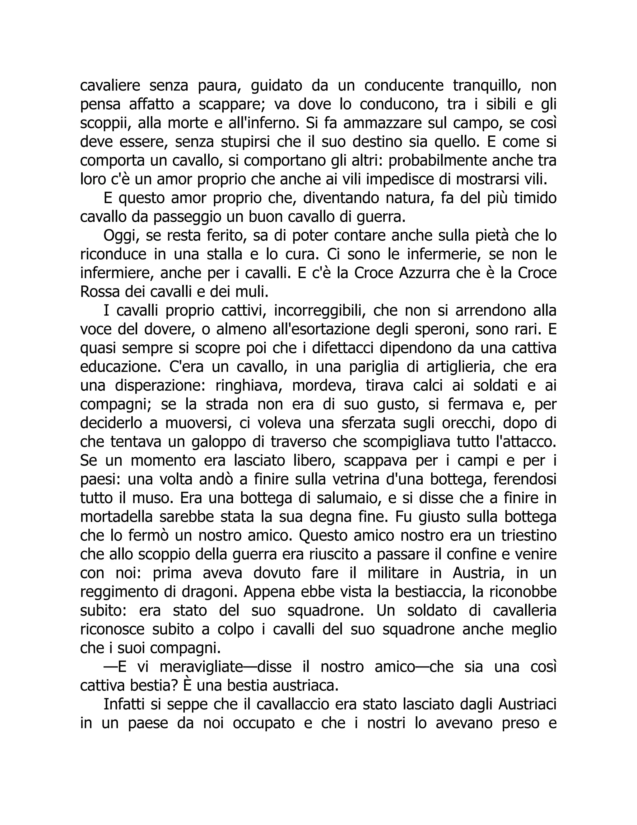 cavaliere senza paura, guidato da un conducente tranquillo, non
pensa affatto a scappare; va dove lo conducono, tra i sibili e gli
scoppii, alla morte e all'inferno. Si fa ammazzare sul campo, se così
deve essere, senza stupirsi che il suo destino sia quello. E come si
comporta un cavallo, si comportano gli altri: probabilmente anche tra
loro c'è un amor proprio che anche ai vili impedisce di mostrarsi vili.
E questo amor proprio che, diventando natura, fa del più timido
cavallo da passeggio un buon cavallo di guerra.
Oggi, se resta ferito, sa di poter contare anche sulla pietà che lo
riconduce in una stalla e lo cura. Ci sono le infermerie, se non le
infermiere, anche per i cavalli. E c'è la Croce Azzurra che è la Croce
Rossa dei cavalli e dei muli.
I cavalli proprio cattivi, incorreggibili, che non si arrendono alla
voce del dovere, o almeno all'esortazione degli speroni, sono rari. E
quasi sempre si scopre poi che i difettacci dipendono da una cattiva
educazione. C'era un cavallo, in una pariglia di artiglieria, che era
una disperazione: ringhiava, mordeva, tirava calci ai soldati e ai
compagni; se la strada non era di suo gusto, si fermava e, per
deciderlo a muoversi, ci voleva una sferzata sugli orecchi, dopo di
che tentava un galoppo di traverso che scompigliava tutto l'attacco.
Se un momento era lasciato libero, scappava per i campi e per i
paesi: una volta andò a finire sulla vetrina d'una bottega, ferendosi
tutto il muso. Era una bottega di salumaio, e si disse che a finire in
mortadella sarebbe stata la sua degna fine. Fu giusto sulla bottega
che lo fermò un nostro amico. Questo amico nostro era un triestino
che allo scoppio della guerra era riuscito a passare il confine e venire
con noi: prima aveva dovuto fare il militare in Austria, in un
reggimento di dragoni. Appena ebbe vista la bestiaccia, la riconobbe
subito: era stato del suo squadrone. Un soldato di cavalleria
riconosce subito a colpo i cavalli del suo squadrone anche meglio
che i suoi compagni.
—E vi meravigliate—disse il nostro amico—che sia una così
cattiva bestia? È una bestia austriaca.
Infatti si seppe che il cavallaccio era stato lasciato dagli Austriaci
in un paese da noi occupato e che i nostri lo avevano preso e
 