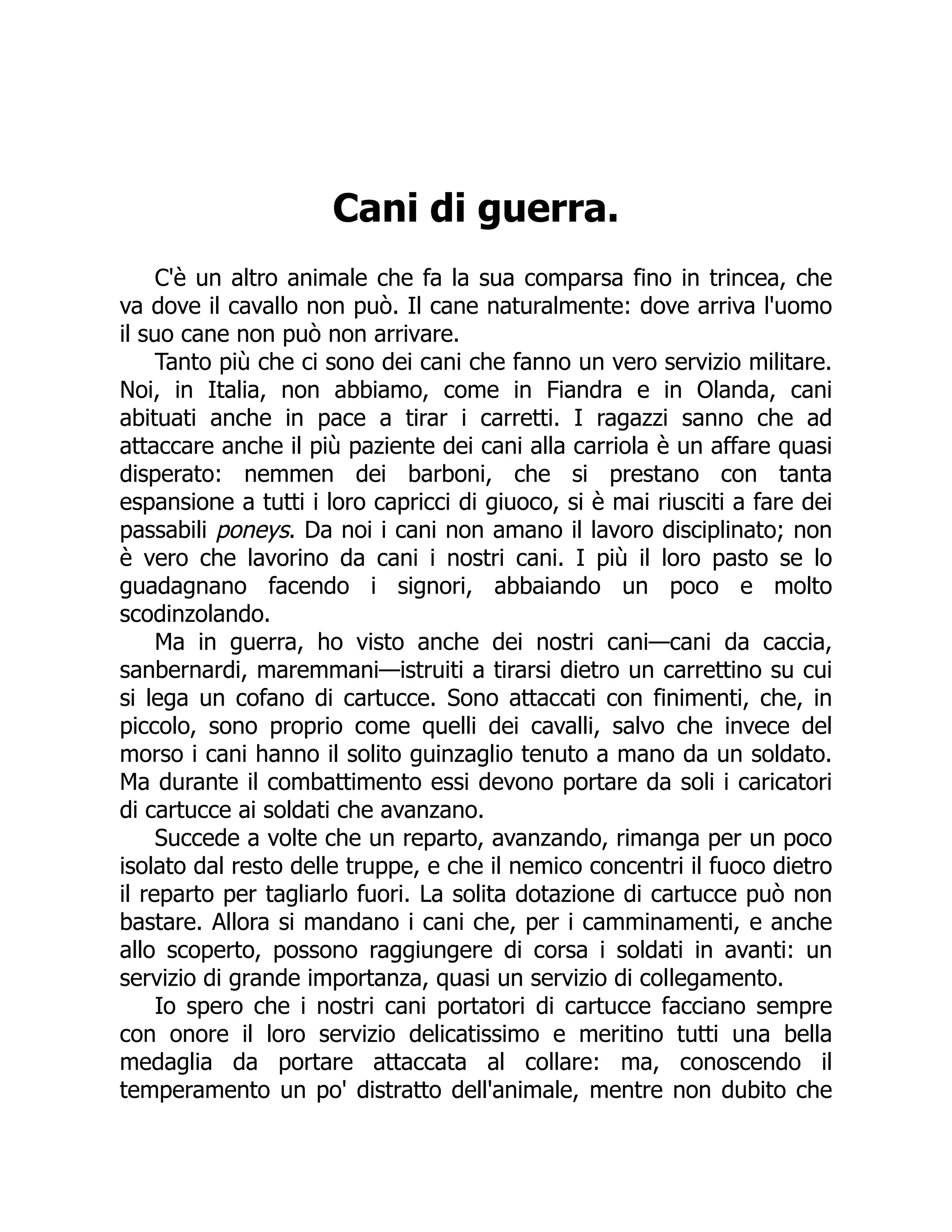 Cani di guerra.
C'è un altro animale che fa la sua comparsa fino in trincea, che
va dove il cavallo non può. Il cane naturalmente: dove arriva l'uomo
il suo cane non può non arrivare.
Tanto più che ci sono dei cani che fanno un vero servizio militare.
Noi, in Italia, non abbiamo, come in Fiandra e in Olanda, cani
abituati anche in pace a tirar i carretti. I ragazzi sanno che ad
attaccare anche il più paziente dei cani alla carriola è un affare quasi
disperato: nemmen dei barboni, che si prestano con tanta
espansione a tutti i loro capricci di giuoco, si è mai riusciti a fare dei
passabili poneys. Da noi i cani non amano il lavoro disciplinato; non
è vero che lavorino da cani i nostri cani. I più il loro pasto se lo
guadagnano facendo i signori, abbaiando un poco e molto
scodinzolando.
Ma in guerra, ho visto anche dei nostri cani—cani da caccia,
sanbernardi, maremmani—istruiti a tirarsi dietro un carrettino su cui
si lega un cofano di cartucce. Sono attaccati con finimenti, che, in
piccolo, sono proprio come quelli dei cavalli, salvo che invece del
morso i cani hanno il solito guinzaglio tenuto a mano da un soldato.
Ma durante il combattimento essi devono portare da soli i caricatori
di cartucce ai soldati che avanzano.
Succede a volte che un reparto, avanzando, rimanga per un poco
isolato dal resto delle truppe, e che il nemico concentri il fuoco dietro
il reparto per tagliarlo fuori. La solita dotazione di cartucce può non
bastare. Allora si mandano i cani che, per i camminamenti, e anche
allo scoperto, possono raggiungere di corsa i soldati in avanti: un
servizio di grande importanza, quasi un servizio di collegamento.
Io spero che i nostri cani portatori di cartucce facciano sempre
con onore il loro servizio delicatissimo e meritino tutti una bella
medaglia da portare attaccata al collare: ma, conoscendo il
temperamento un po' distratto dell'animale, mentre non dubito che
 