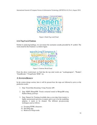 International Journal of Computer Science & Information Technology (IJCSIT)Vol 10, No 4, August 2018.
54
Figure 4: Hash-Tag word Cloud
2.1.6 Top-Users/Citations
Similar to analysing hashtags, we can extract the usernames usually preceded by @ symbol. The
word cloud for the Citations is as below figure.
Figure 5: Citations Word Cloud
From the above word-cloud, we find that the top cited words are "washingtonpost", "Waabui",
"GrantBrooke","TwigaFoods,"ICRC" etc.
3. SYSTEM DESIGN
In the system design section, here it will be present how the steps are followed to arrive at the
prediction results.
1. Step: Tweet Data Streaming- Using Tweeter API
2. Step: HDFS MongoDB- Tweets extracted stored in MongoDB using
Python library pymongo
3. Step: Dataset for Training-Available data as text data from tweeter is
highly unstructured and noisy in nature and to use it for the modelling
purpose, it needs to be cleaned. The different pre-processing
techniques used as follows:
(a) Escaping HTML characters
(b) Decoding data
(c) Removal of Stop-words
 